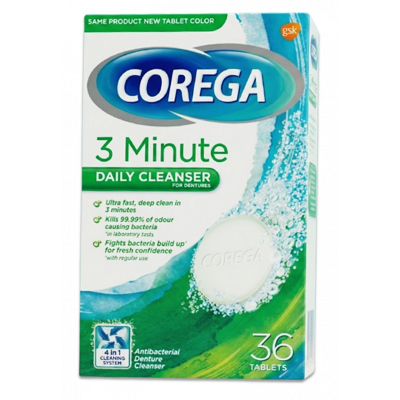 COREGA 3 MINUTE DAILY CLEANSER FOR DENTURES — ANTIBACTERIAL CLEANSER 36 TABLETS